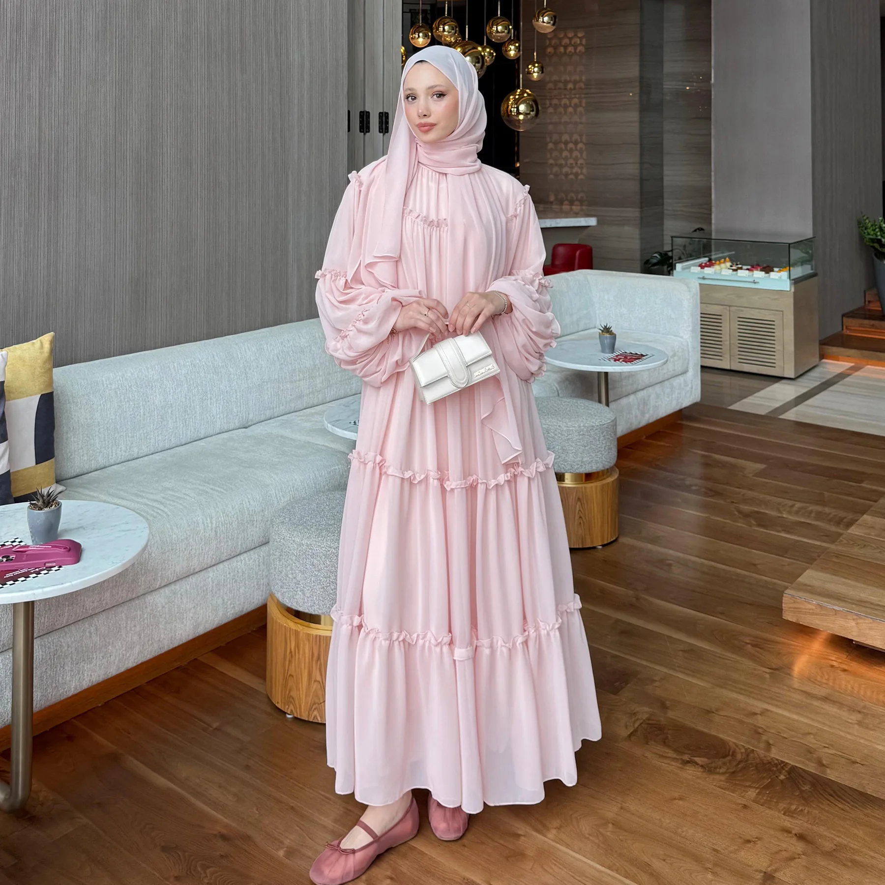 

2026 New Islamic Clothing Closed Abaya Women Muslim Dress Double Layer Chiffon Women's Dresses Tiered Ruffle Maxi Dress