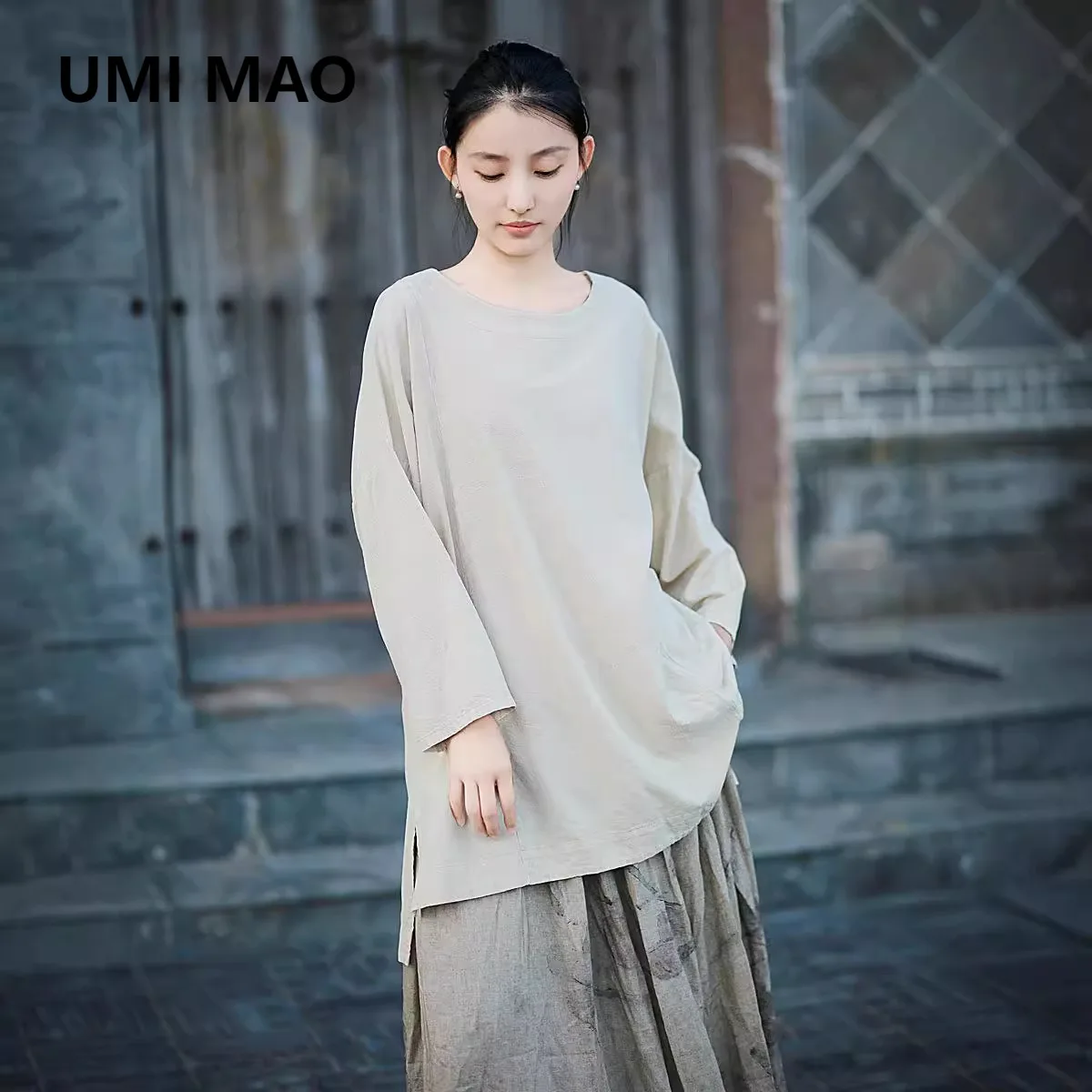 

UMI MAO Yamamoto, темный топ, художественная толстовка с капюшоном, дизайн жареного цвета, хлопковая конопляная маленькая рубашка в стиле ретро, пуловер со свободными плечами, топ