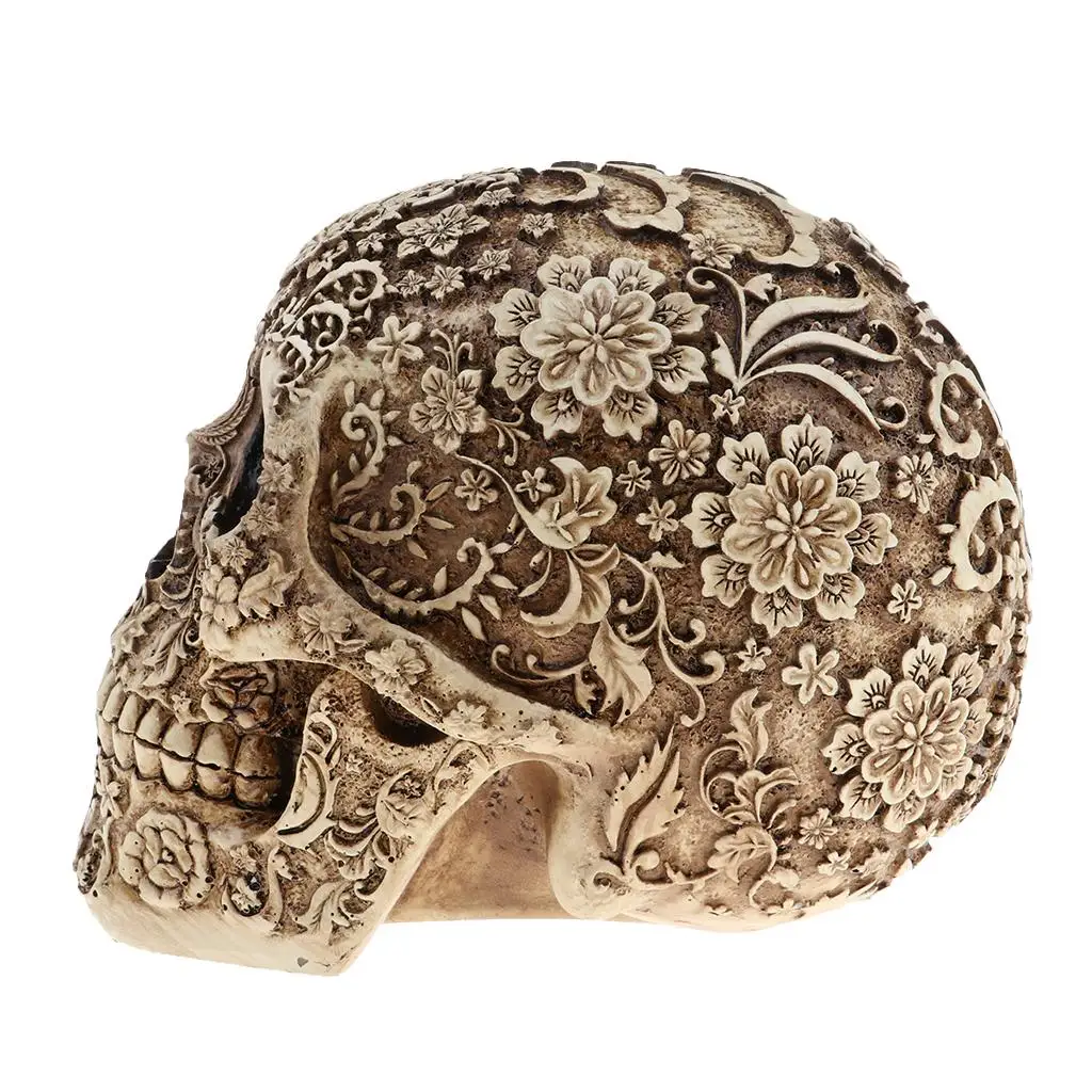 Handmade Resin Skull Statue Skeleton Head Sculpture Garden Skull Decoration Craft for Halloween Home Office