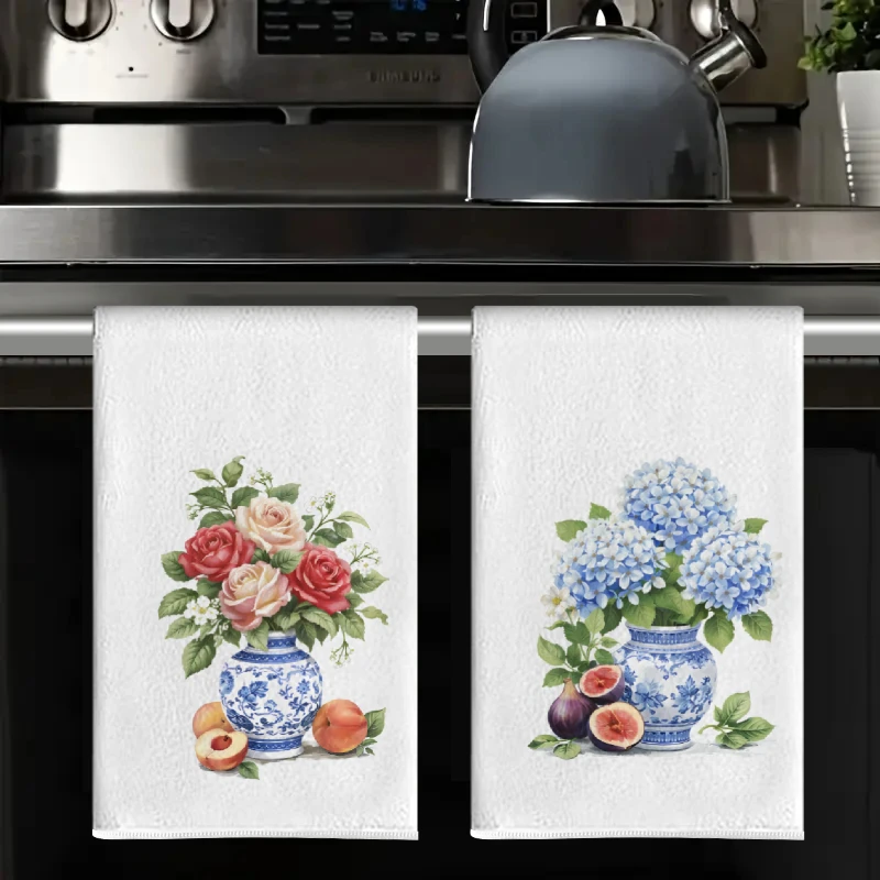 2Pcs, Blue and White Porcelain Vase Flower and Fruit Kitchen Towels, 40Cm*60Cm Towel Set, Super Absorbent Soft Cleaning Cloth, Cooking and Baking Tea Towel, Hand Towel, Cleaning Cloth, Dishcloth, Kitchen Decoration, Living Room Decoration, Kitchen Essentials, Home Essentials