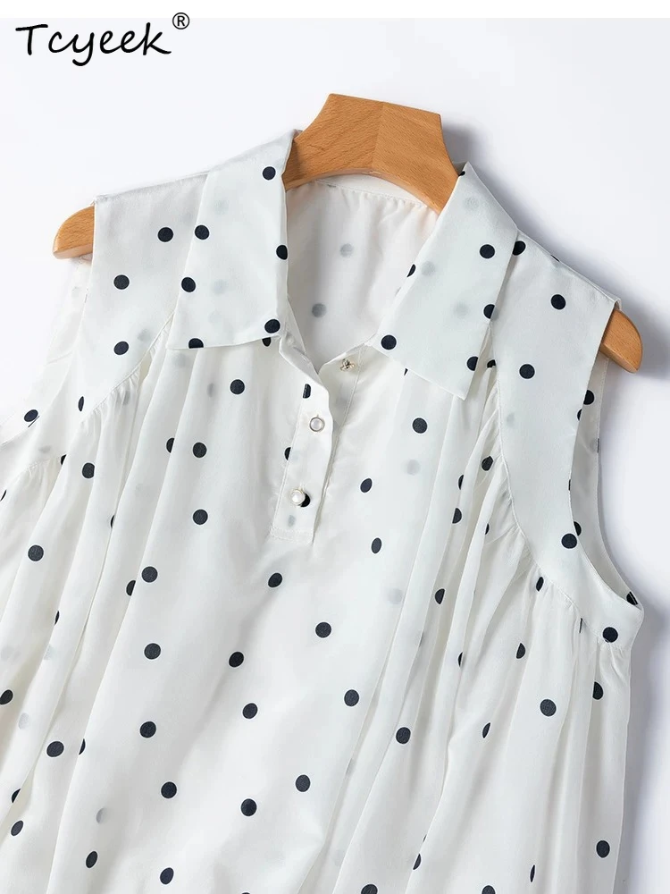 Tcyeek 100% Real Silk Shirts for Women 2026 Summer French-style Black Polka Dot Sleeveless Top Clothes for Woman Tops De Mujer