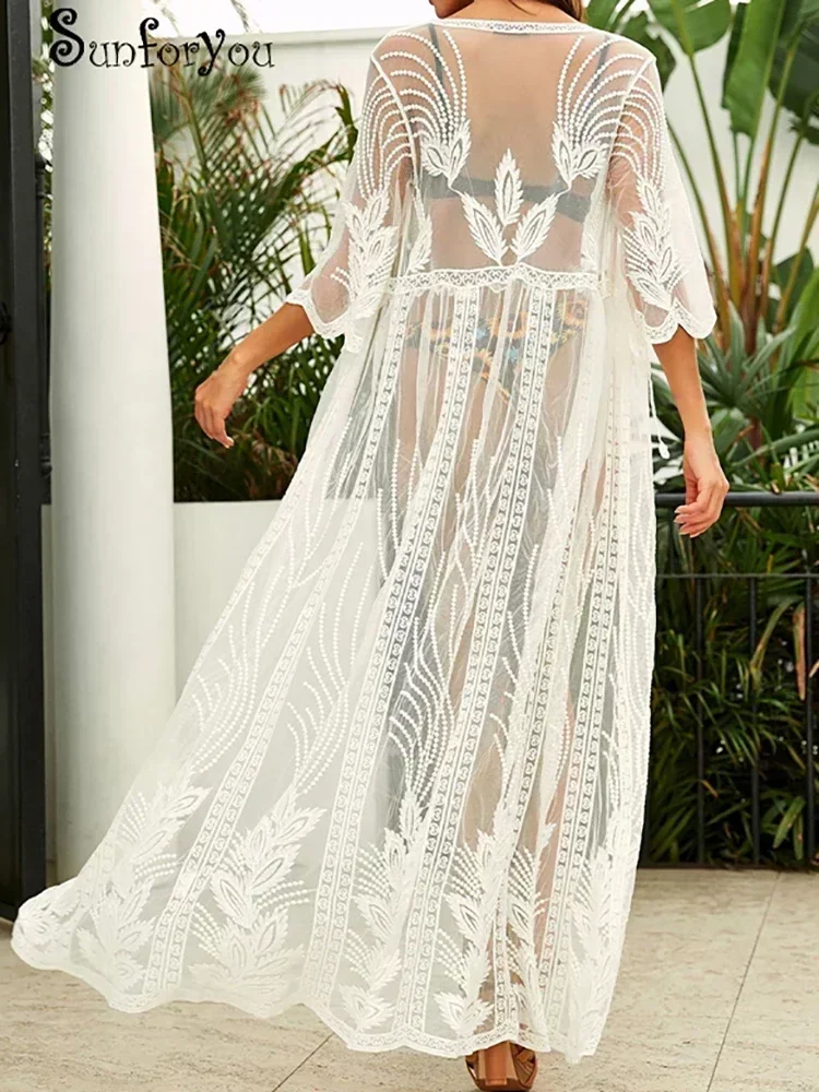 Long Beach Kimono Lace Cover Ups White Mesh Womens Beachwear Embroidery Swim Cover Up For Women Bikini Cover Up Tunic
