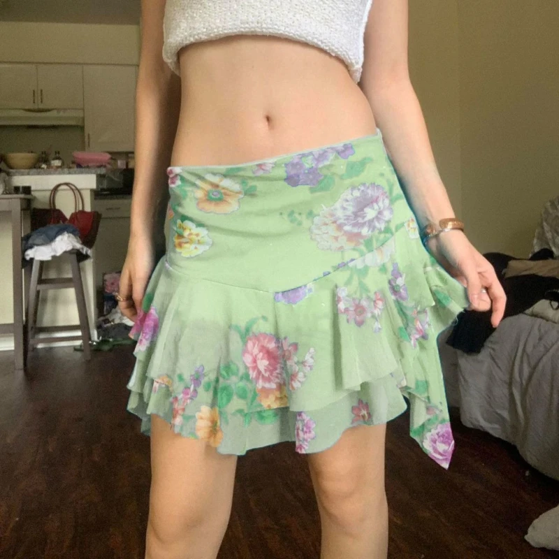 Small Fresh Printed Mesh Skirt for Women, Irregular Hem, Low Waist, Sexy Spicy Girl Short Skirt