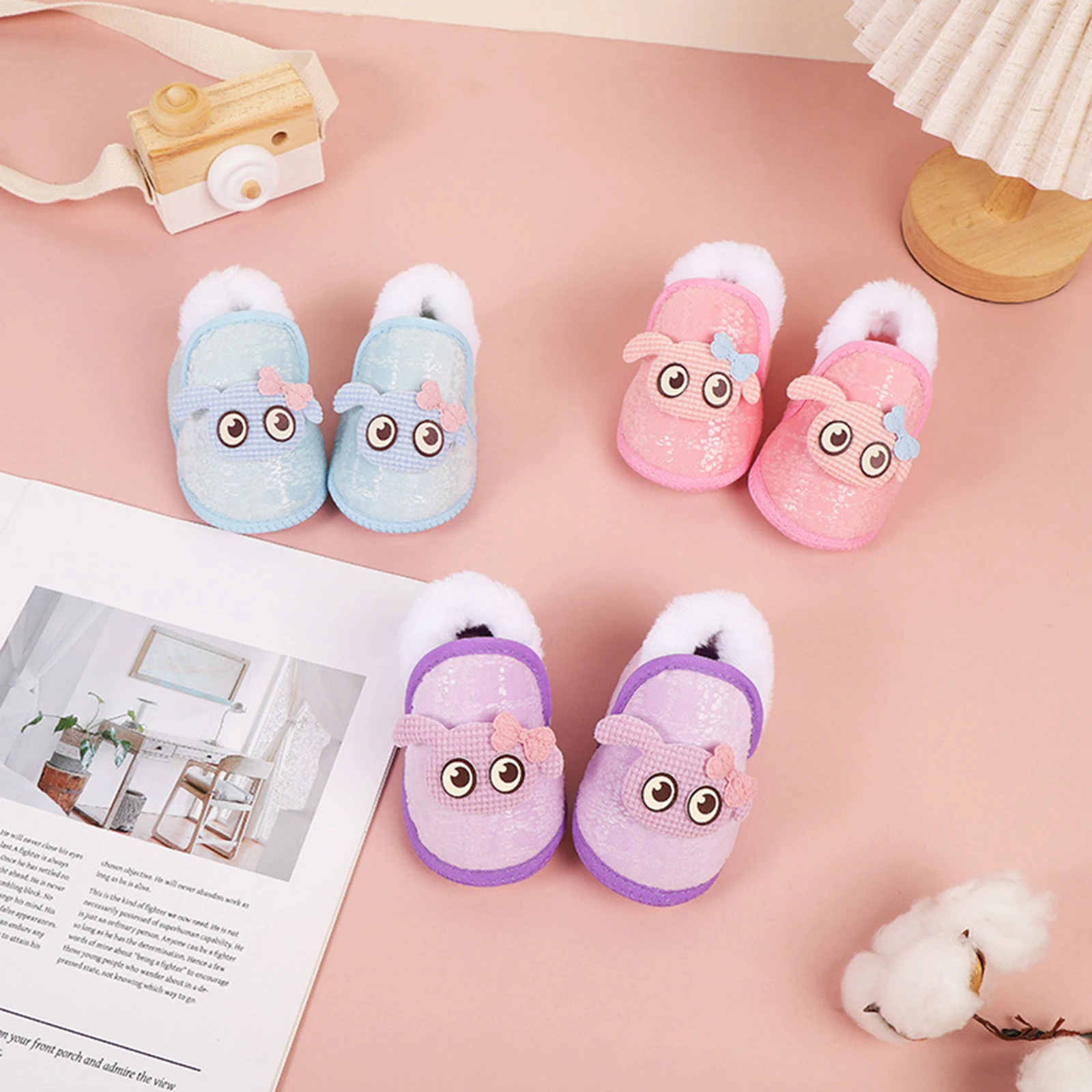 Baby Girls Plush Shoes Cute Cartoon Big Eye Warm Non-Slip First Walking Soft Sole Shoes