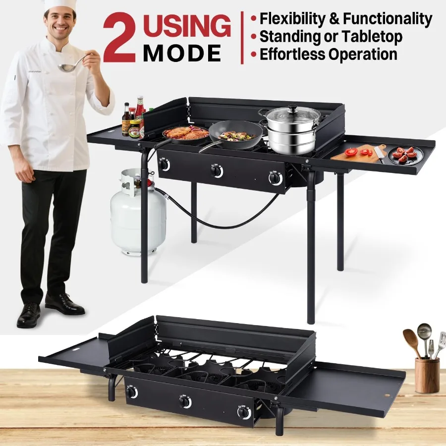 موقد تخييم من البروبان ذو 3 شعلات مع شعلات غاز بقدرة 225000 وحدة حرارية بريطانية للطهي الفعال في الهواء الطلق تتضمن أرفف جانبية للزجاج الأمامي Waterpro #6