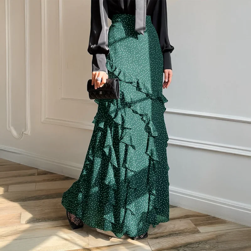 Jupe longue décontractée en dentelle à pois pour femmes, automne et hiver