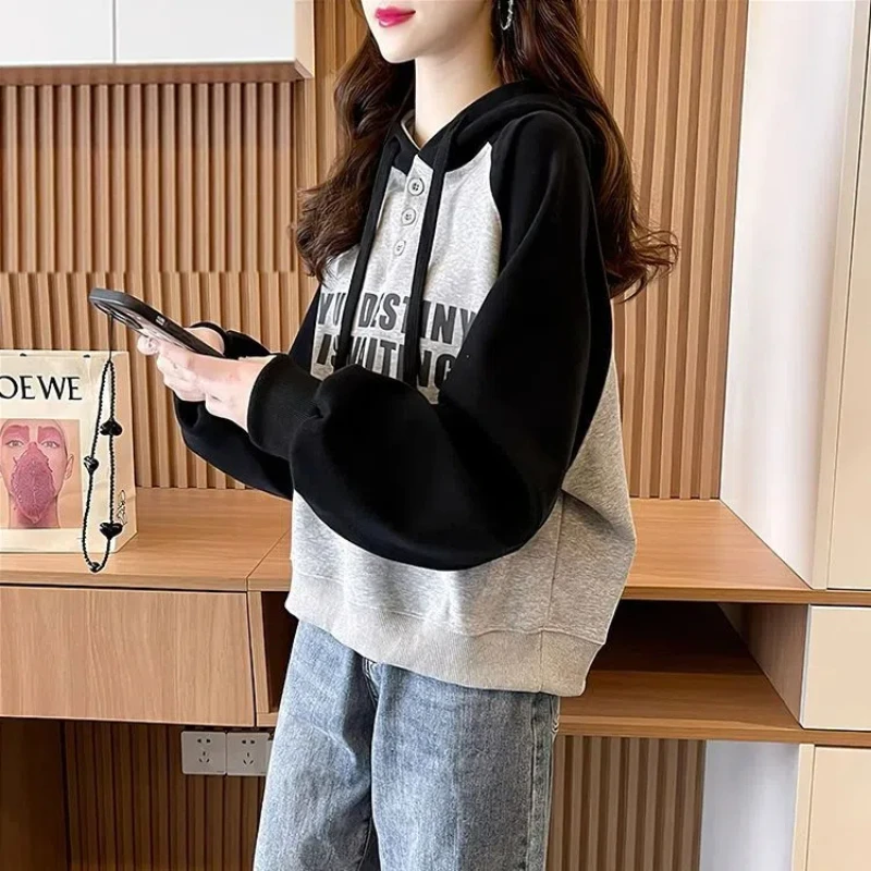 

Loose Oversized Korean Hoodies Sweatshirts Autumn New Long Sleeve Contrast Patchwork Casual Tops Fashion Vintage Women Clothing