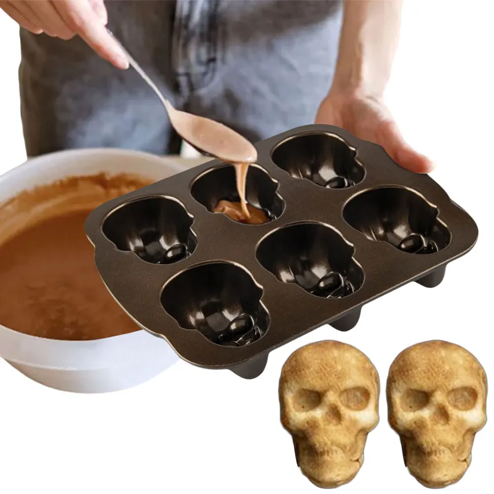 Halloween Skull Cake Pan Molds 6 Cavity Cake Baking Molds Stainless Steel Skeleton Chocolate Molds for Chocolate Candy Cake