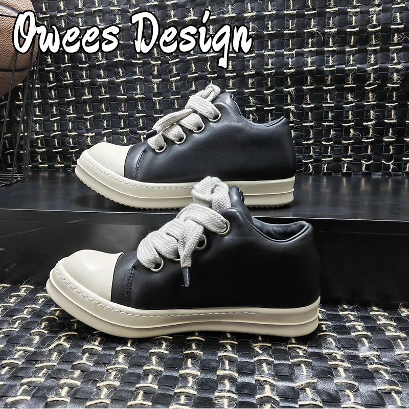 

Owees Design Wide LACES Low Top Real Leather Sneakers Men's Fashion High Street Casual Board Shoes 2024 Women Vulcanized Shoes