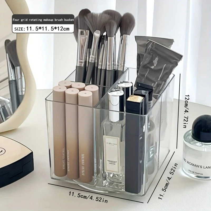 360 °   Soporte giratorio para brochas de maquillaje, estante de almacenamiento plano de maquillaje transparente acrílico, lápiz labial, lápiz de cejas, caja de almacenamiento para sombra de ojos