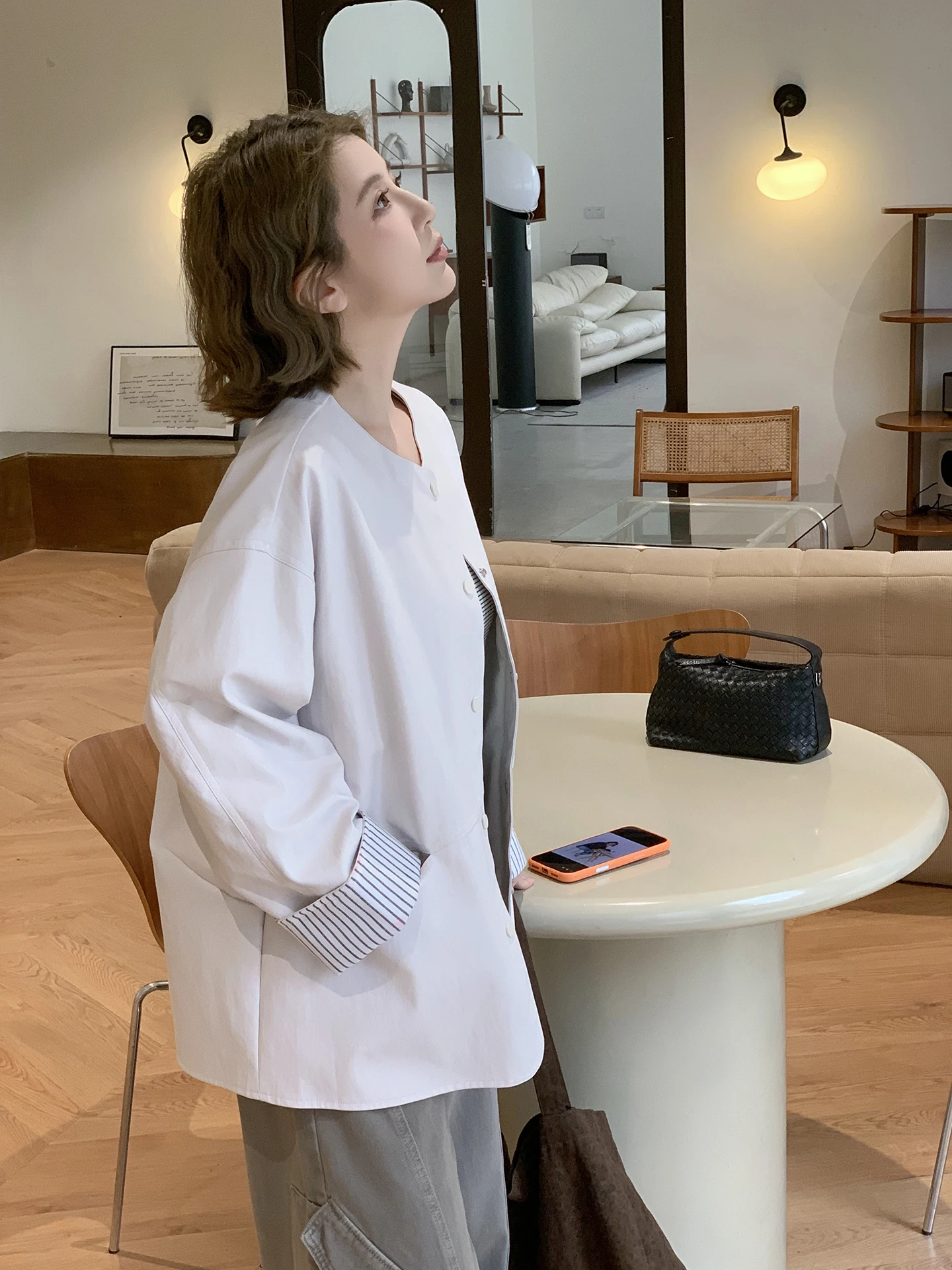 

Xuanxuan Casual Style round Neck Short Jacket Women's Loose Design Sensation Leisure PU Leather Coat Spring Autumn Sleeve Stripe