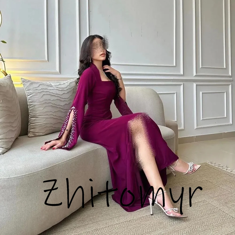 Yipeisha Exquisite Mermaid Red Dresses Square Neck Prom Dresses Beading Long Sleeves Side Slit Floor Length Evening Gowns