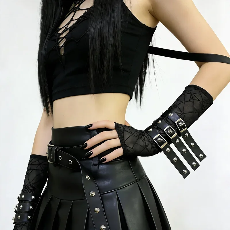 Gothic Fingerless Gloves with Spider Web Mesh Punk Black Sheer Arm Warmer Accessory for Women