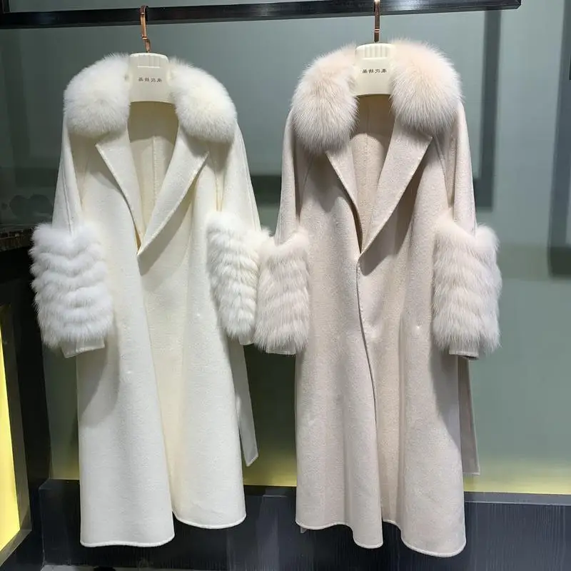 

2023 Woolen fur,New Women High fashion Streetwear Women Classic Cashmere Woolen Coat Real Fox Fur cuff gorgeous real fur trench