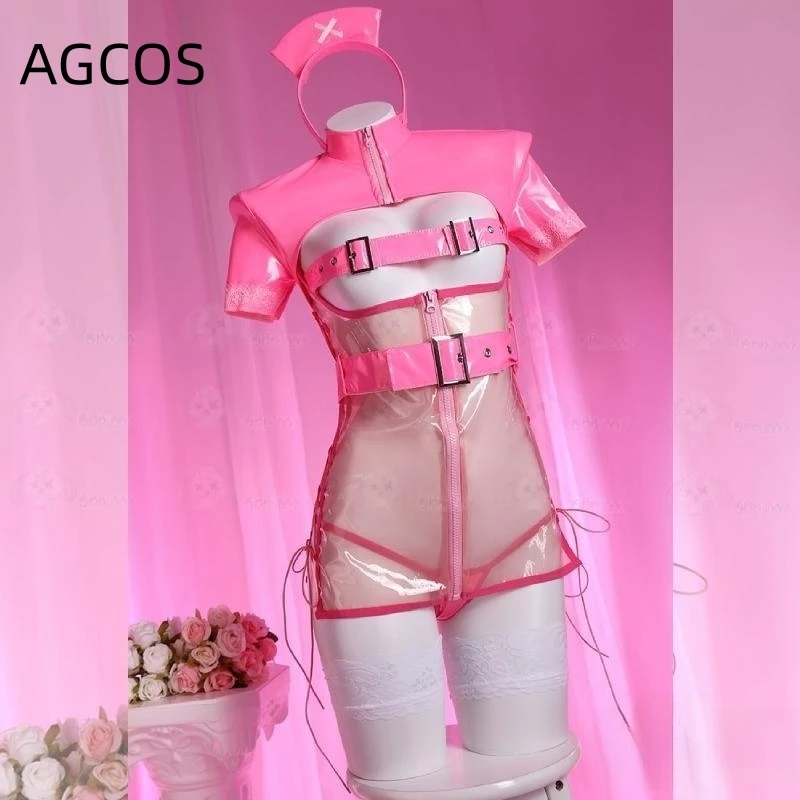 AGCOS Original Design Sweetheart Nurse Cosplay Dress Pink Transparent Leather PU Nurse Uniforms Woman Sexy Cosplay