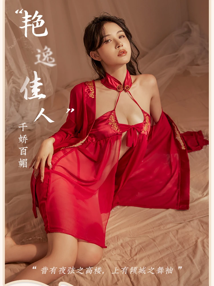 

Plus Size Sexy Perspective Hanfu Classical Jacquard Cheongsam Chinese Antique Style Lingerie Bellyband Cosplay Nightdress