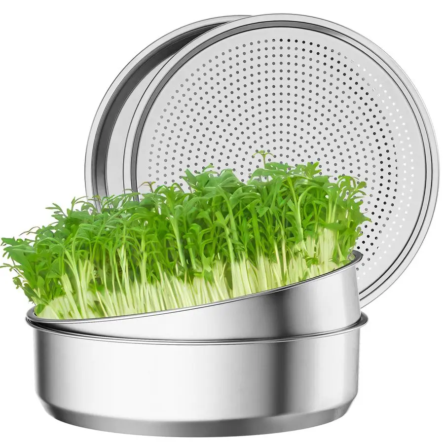 

2 Pack Stainless Steel Seed Sprouter Trays, FoodGrade Microgreens Growing Tray, SoilFree Cultivation Germination Tray for Indoor