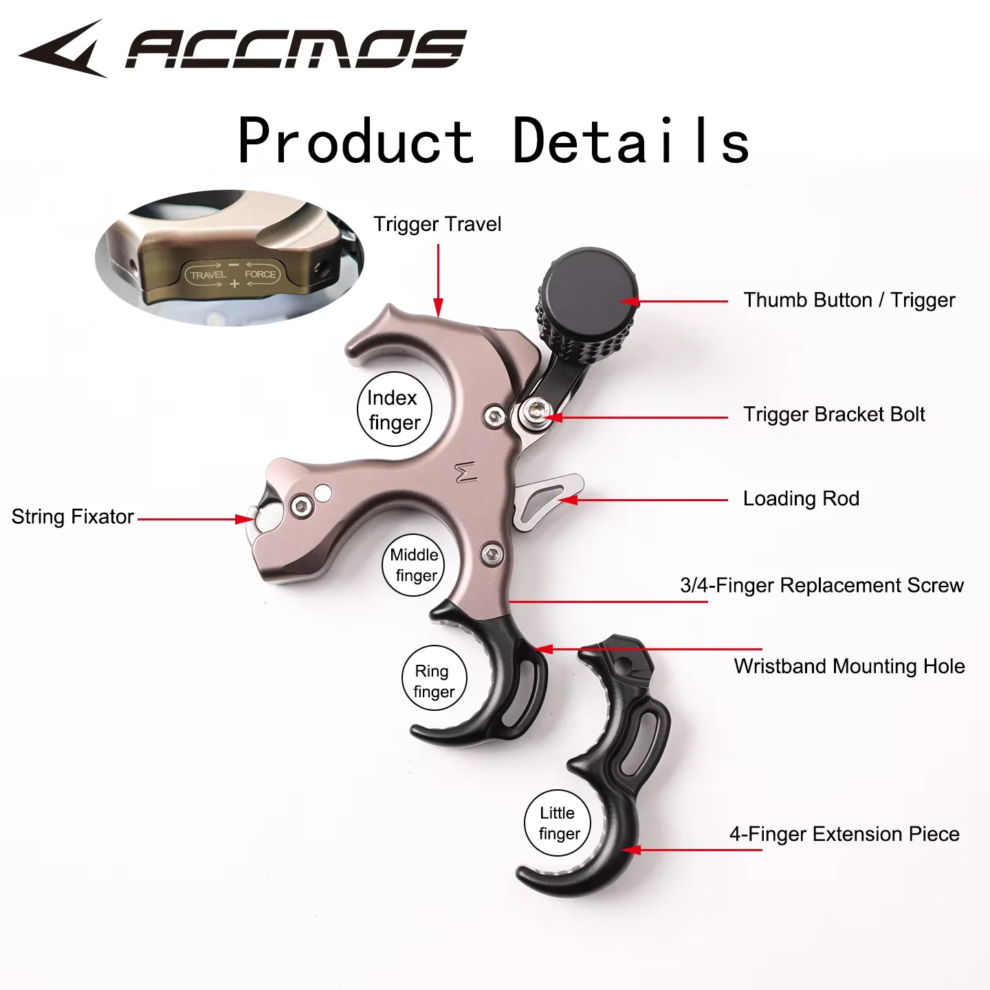 Disparador de Arco Compuesto Ajustable de 3/4 Dedos, Empuñadura de Gatillo de Aleación de Aluminio 7075 y Cobre, Accesorio de Tiro para Exteriores