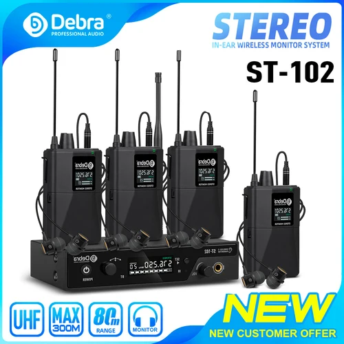 Debra ST-102 Sistema de monitorización intrauditiva inalámbrico Estéreo con Bluetooth Rango UHF 80-300 m para escenario, grabación, instrumentos, baterista