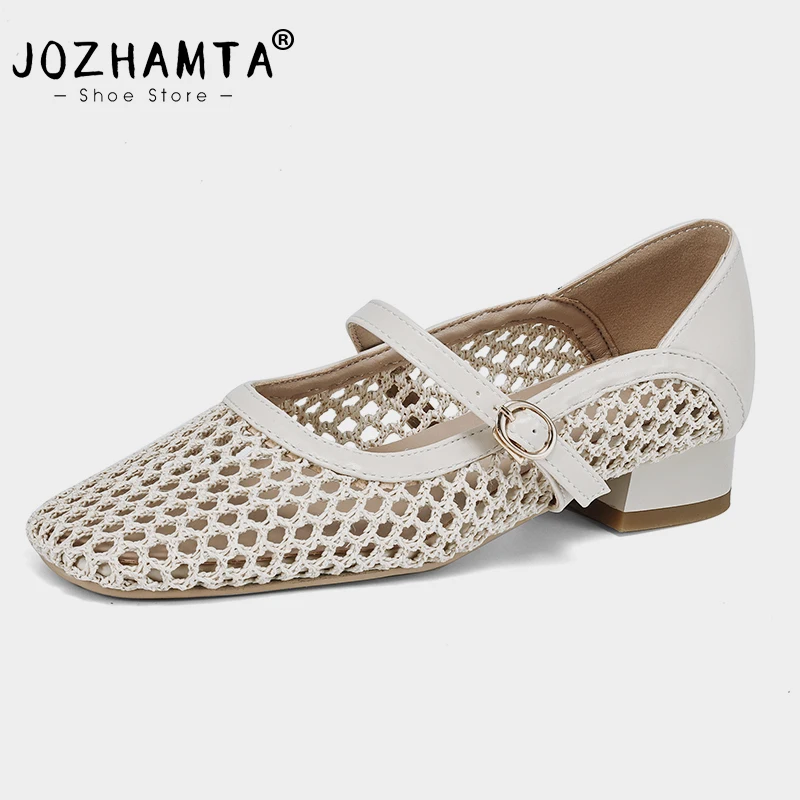 JOZHAMTA size 33-43 women fishnet flats shoes breath mesh mid thick heels summer sandals buckle strap casual daily office dress