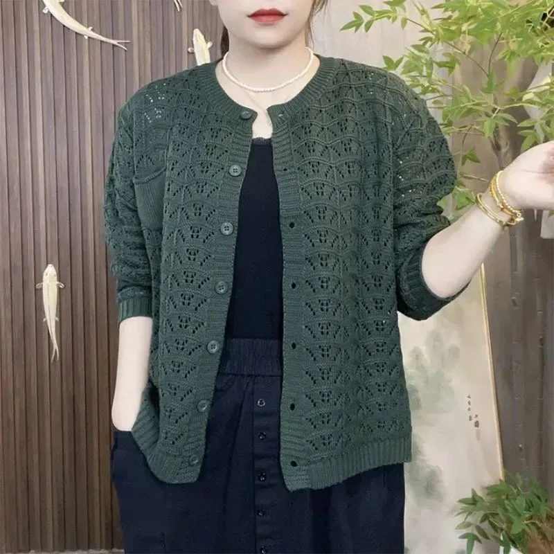 Primavera Nuovo Cardigan lavorato a maglia scavato Top Donna Moda Mamma O-Collo Maniche lunghe Maglione Scialle Maglieria Abbigliamento Donna B1232