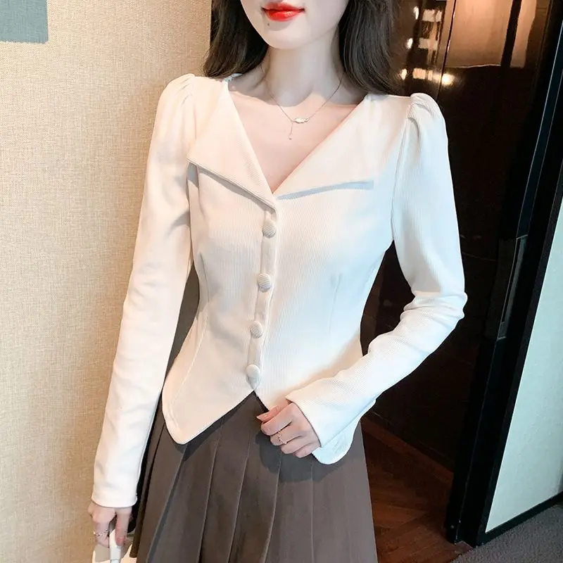 

Women's Spring Fashion Simplicity Solid Color Turn-down Collar Long Sleeve Shirts Women Clothing Casual All-match Slim Tops