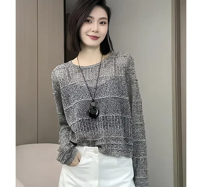 

Retro Hollow out Design Long Sve Knitted Sweater Women's Loose Early Spring Faionable Top round Ne Knitwear