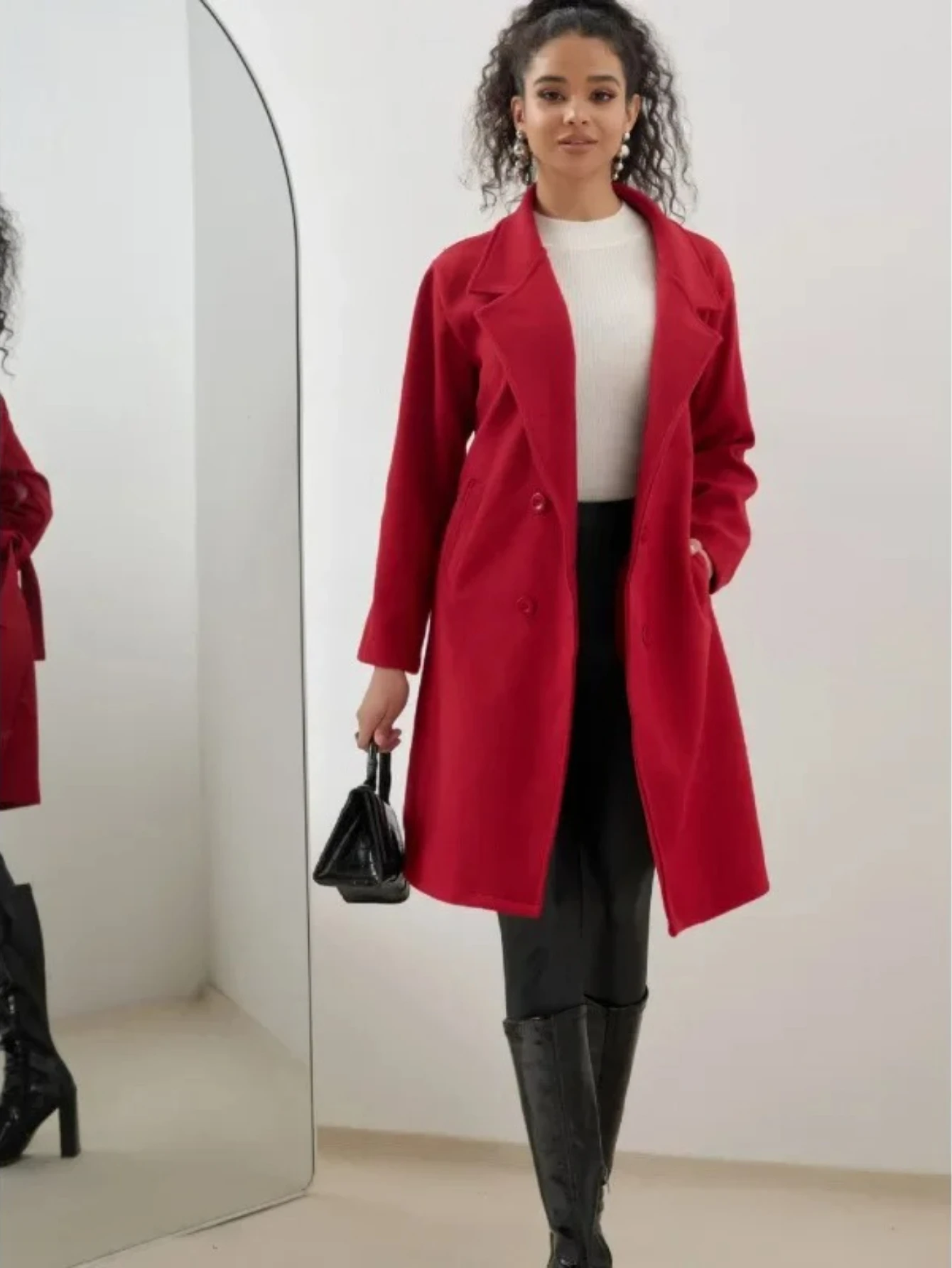 

Autumn Winter Women's Woolen Midi Coat Pure Color Simple Belted Slim Fit Outerwear Full Sleeve Elasticated Cuff