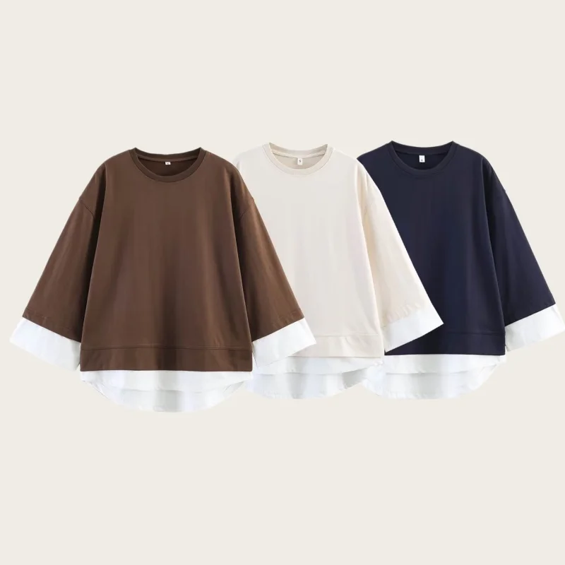 2026 Neuerscheinung Damen Faux-Zweiteiler Langarm-Sweatshirt mit Farbblock-Manschetten Elegant Lässig und Vielseitig – Detail 3