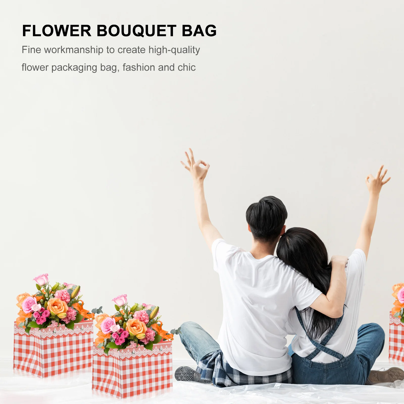 

5 Pcs Plaid Handbag Plastic Bags for Packing Wrapping Packaging Flower Bouquet Wrapper Holder Fashion