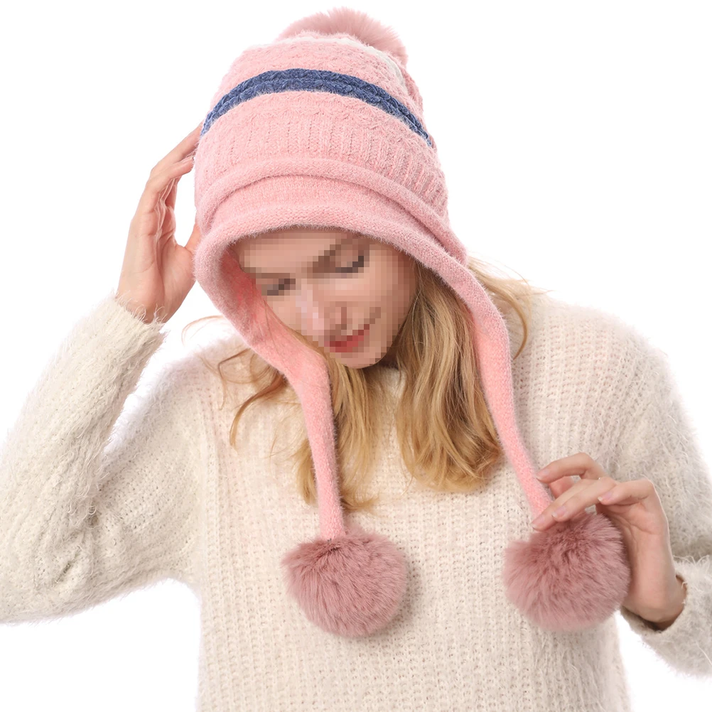 

Warm Knitted Wool Size Fits Most Lightweight Elastic Winter Hat for Women Girls Hair Ball Decor in Cold Weather Pink