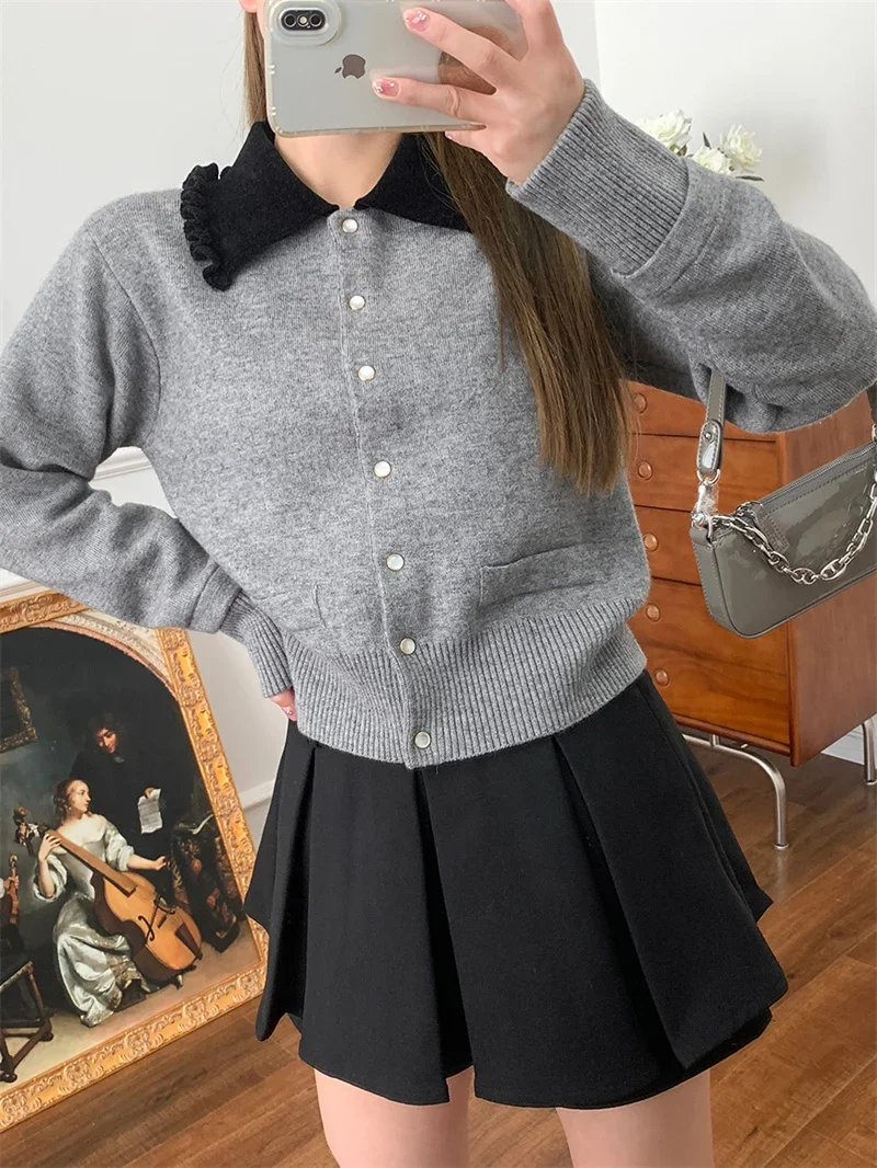 Fashion S Commuting Turn-Down Collar Wool Women Cardigan Causal Luxury Long-Sleeved Single-Breasted Vintage Short Knitted Jacket