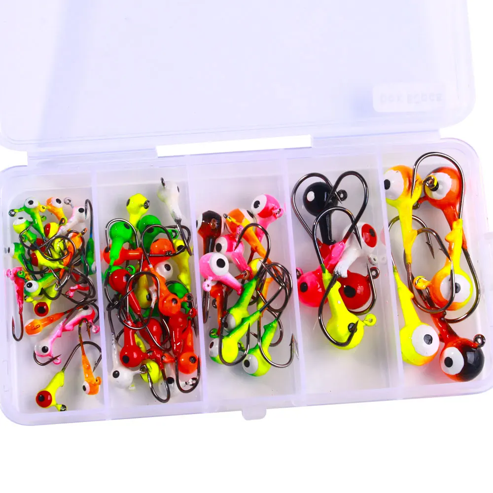 60PCS Jig Kopf Angelhaken Set 0,875g-10g Gemalt Fisch Kopf Haken für Bass Forelle Barsch Crappie 3D Augen Sharp Barb Tackle