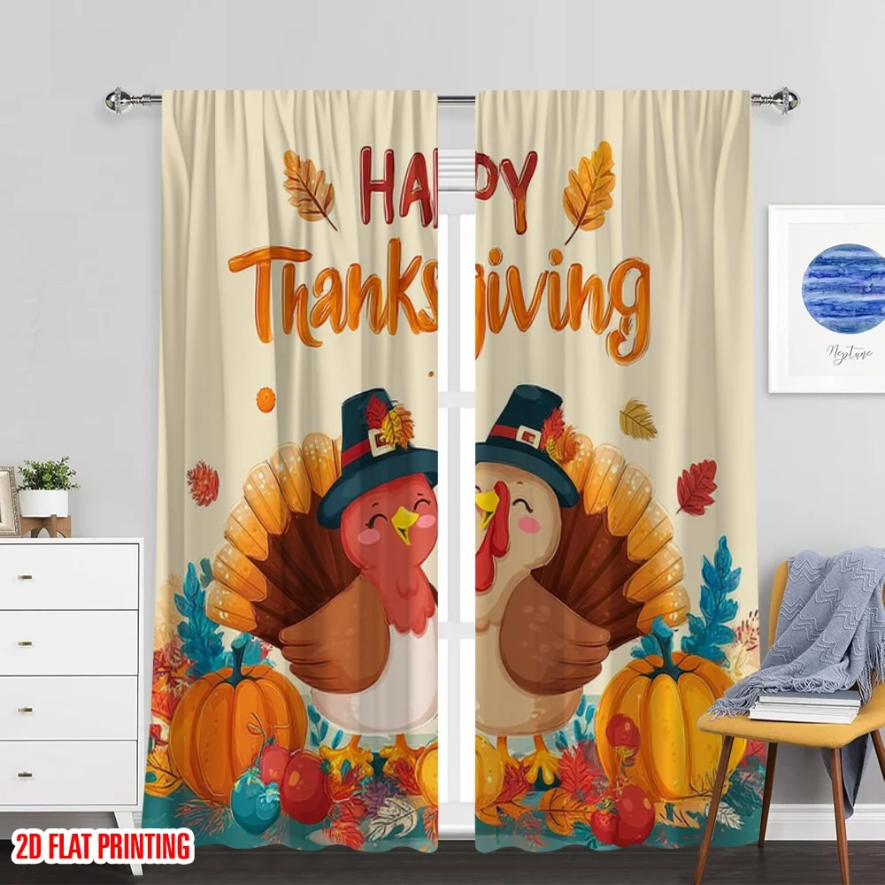 2 قطعة طباعة مسطحة ثنائية الأبعاد ستائر نافذة عيد القديس باتريك السعيد كارتون تركيا _ أوراق الخريف والقرع-قماش الخريف بدون #6