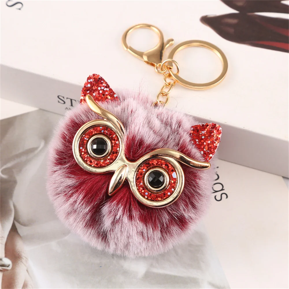 Cute Fluffy Pompom Owl Keychain Big Eyes Sequins Keyring Charms Bag Pendant Car Trinket Best Gift Key Ring Accessories