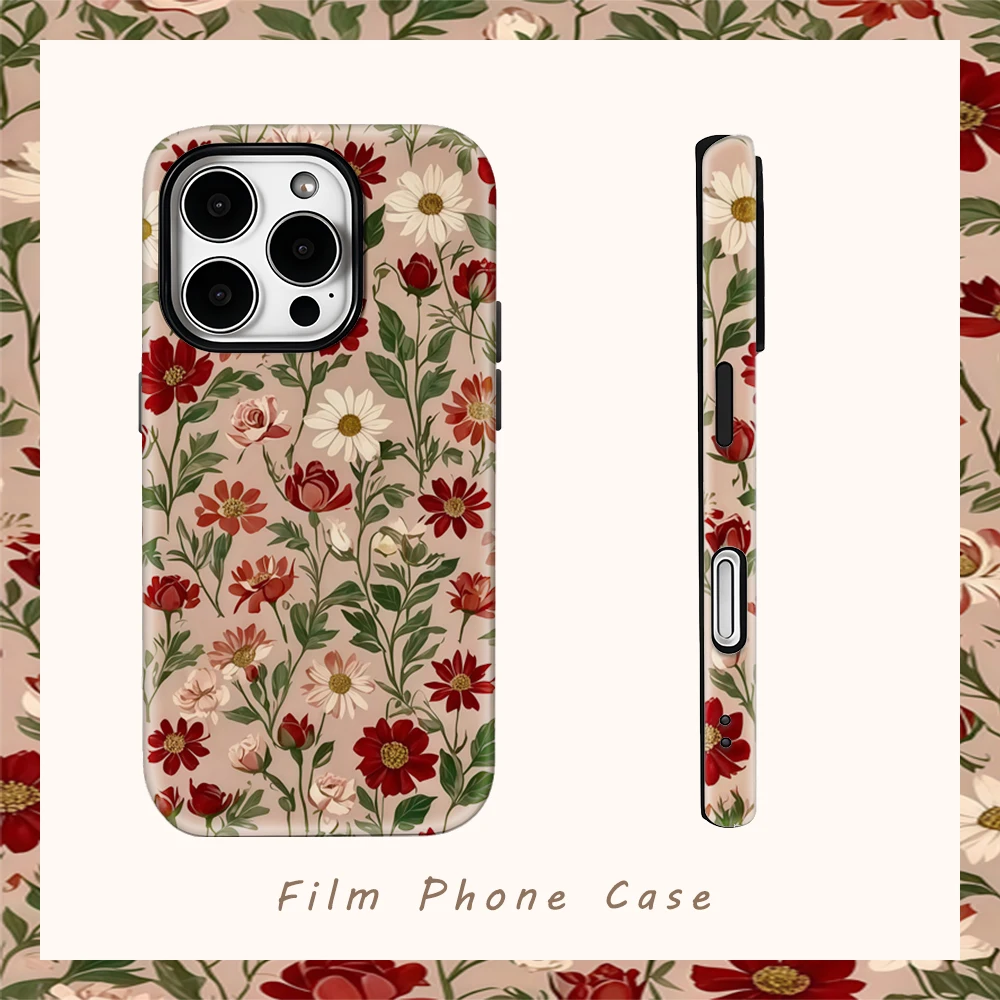 Rote Blumen Retro Handyhülle für IPhone 16 15 14 13 12 11 X XS XR XSMAX 7 8 Pro Max Plus Doppelschichtige Rückseite