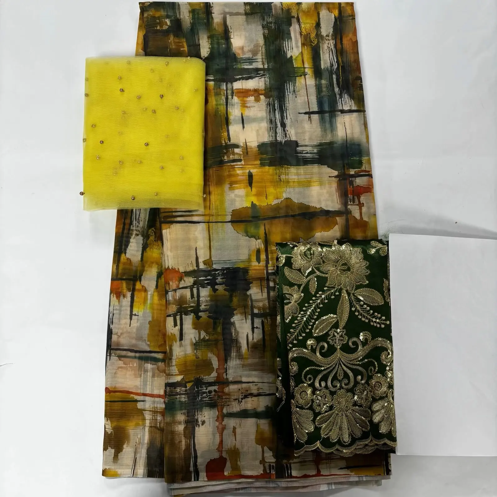 Multicolor 5+2+2 Yard/Set Soft African Print Satin Silk George Fabric With Swiss Voile Lace For Party Lady Dress Sewing Material