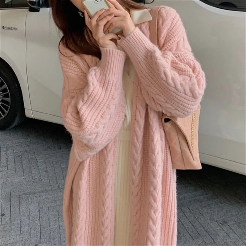 

Slounchy Women Cardigan Pink Sweater Long Loose Fit Pull Femme Bat Sleeve Thick Warm Coat Knitted Outwear Tops Winter Clothes