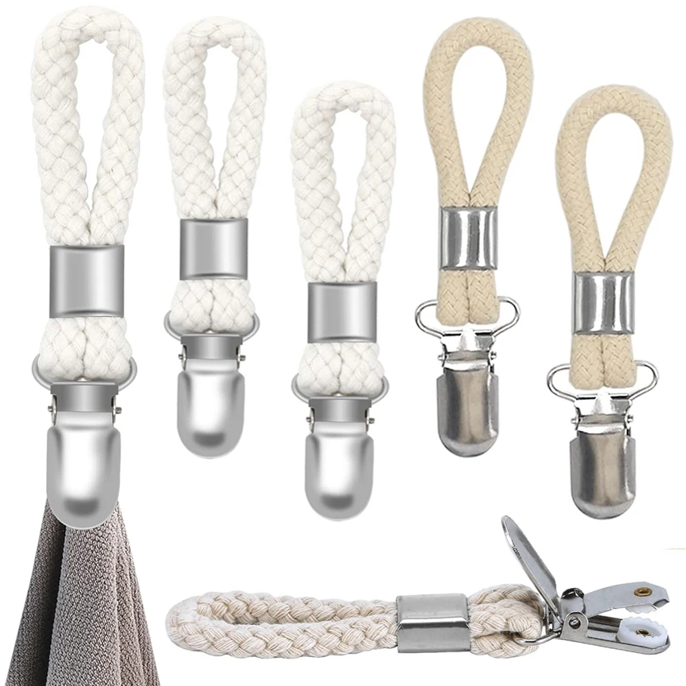 2/5pcs Towel Hanging Clips Clamps Braided Multipurpose Cotton Loop Metal Hook Kitchen Bathroom Storage Clips Socks Clothes Hange