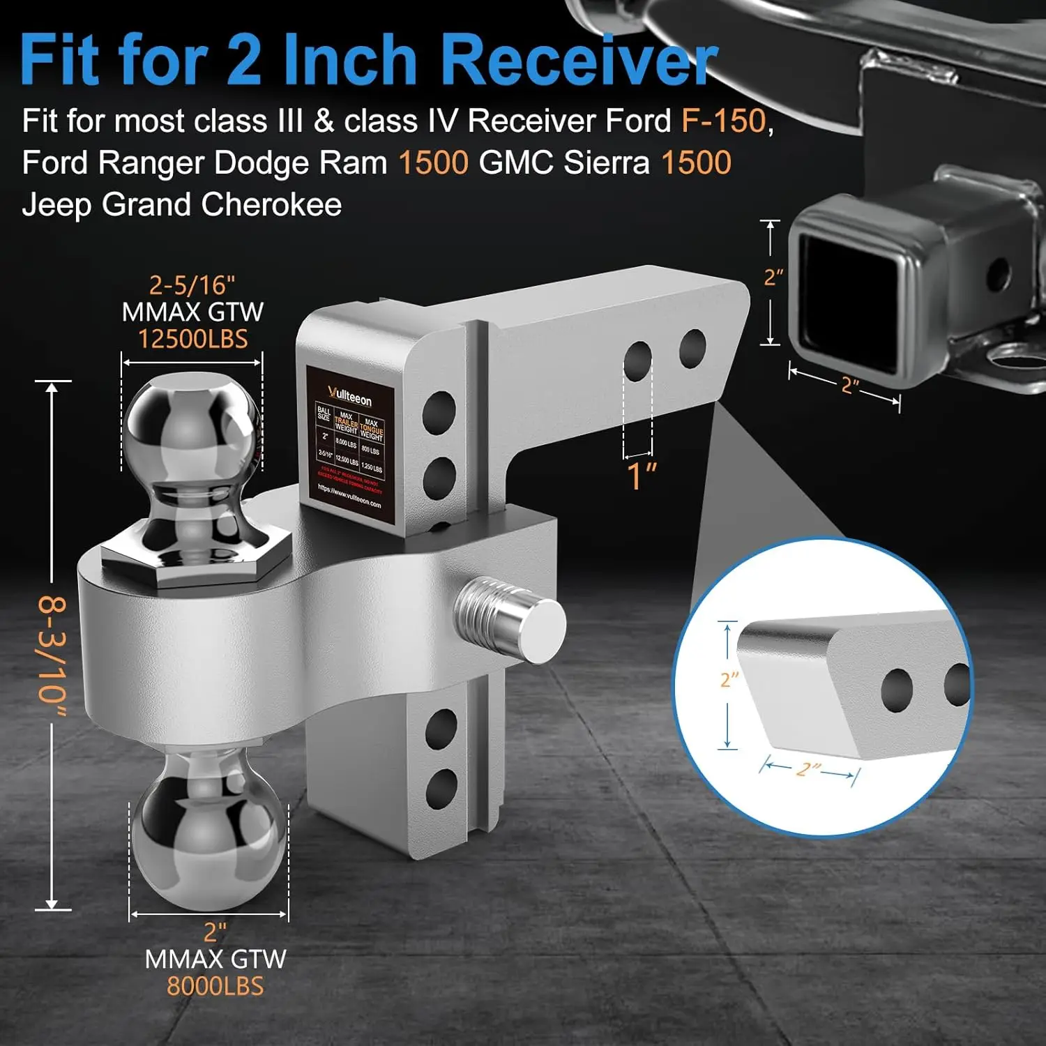 Trailer Towing, Aluminum, Chrome, 12,500 LBS GTW, Adjustable 6 Inch Drop Hitch with Dual Ball Mount view 2