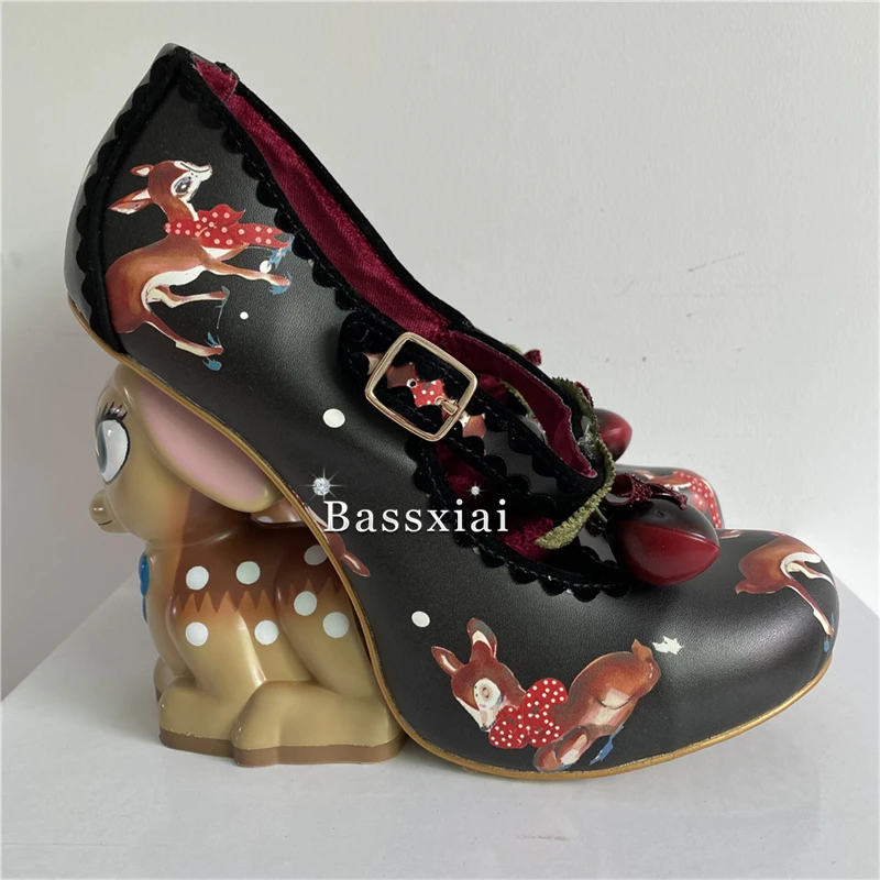 Women's Deer Heel Pumps with Buckle Belt - Round Toe Party Shoes