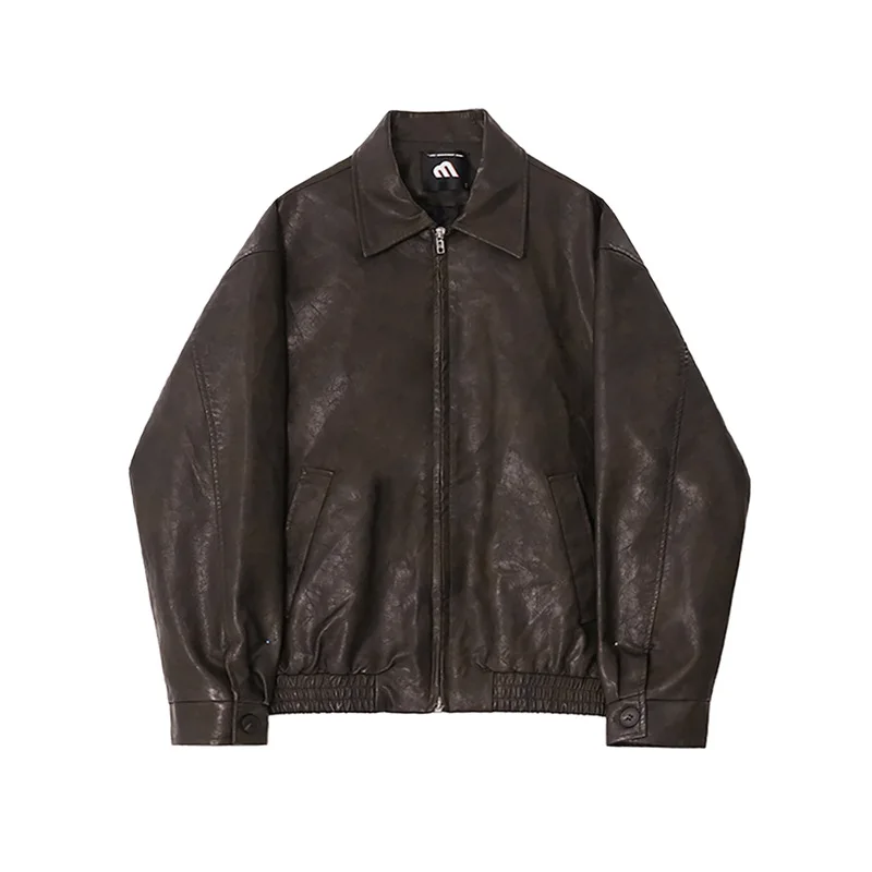 

Men Faux Leather Coats Retro Short Loose Lapel Jacket Spring Casual Top Side Seam Pocket Bidirectional Zip Design Men's Clothing