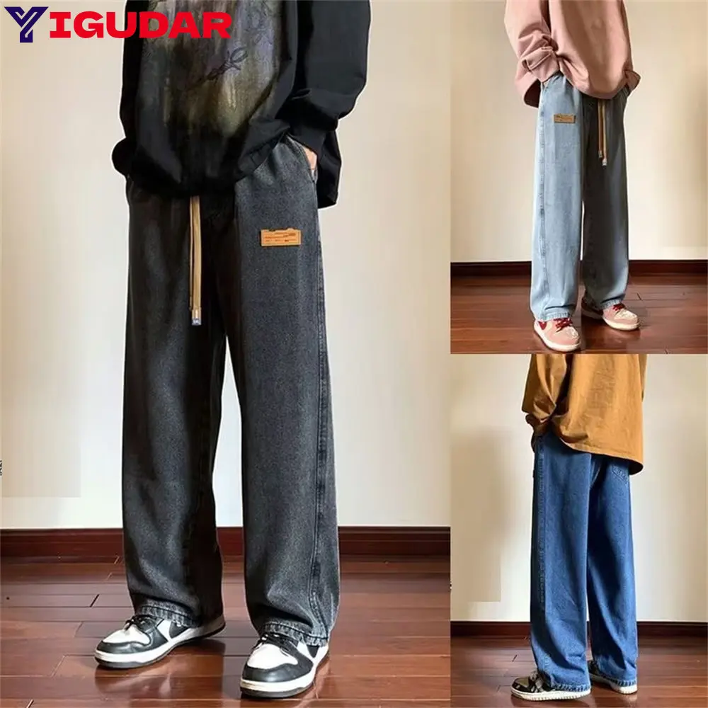 

Wide Leg Dad Pants Mens Loose Jeans New Net Red Ins Elastic Waist Drawstring Straight Tube Student Hip Hop Autumn and Winter