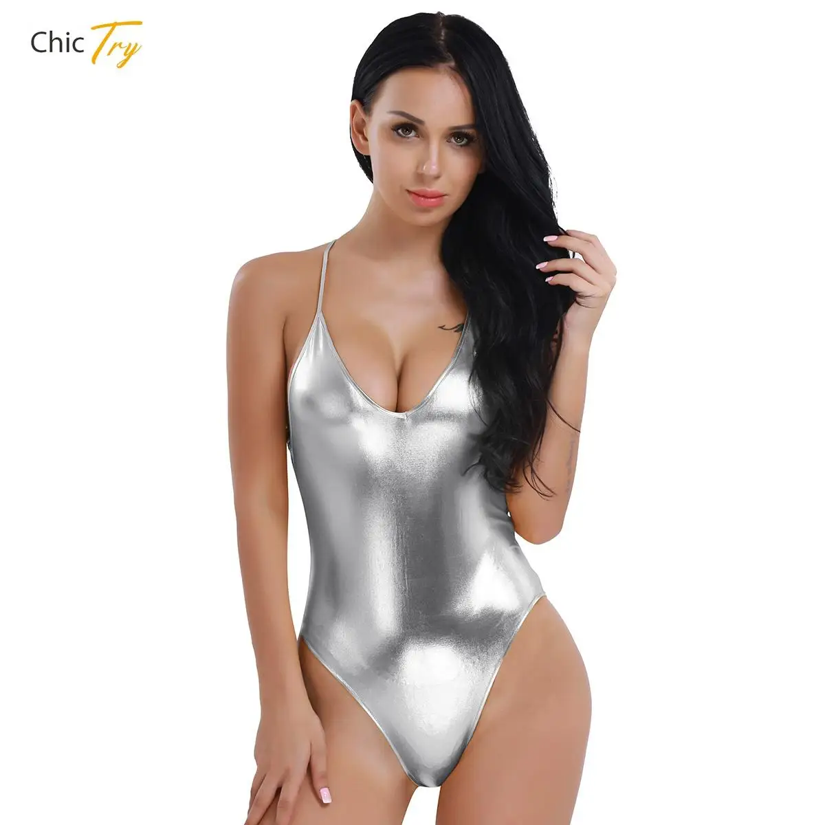 Womens Shiny Metallic PVC Leather Spaghetti Straps Backless Leotard Bodysuit One Piece Monokini Swimwear Swimsuit Bathing Suit