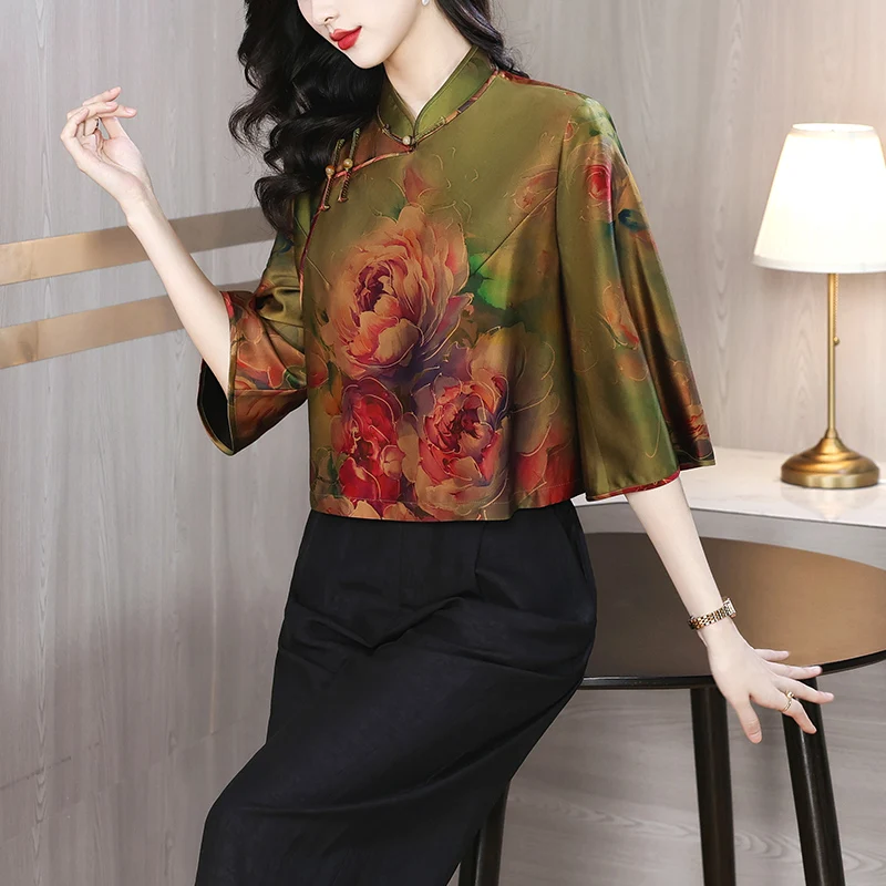 Zomer Nieuwe Sle Dames irt Zwaargewicht Xiangyun Zijde Button up Chinese Nationale Sle Print Groot formaat Woon-werkverkeer Polyester...