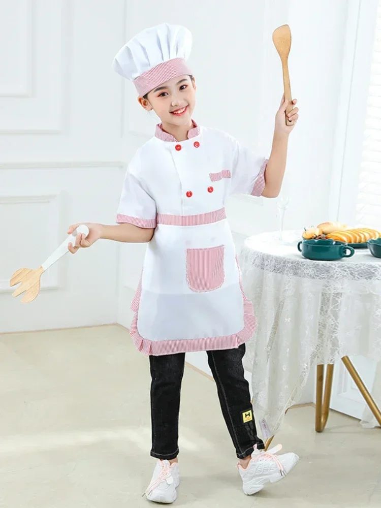 Girls Chef Uniform Child Kitchen Hat Cap Work Jackets Cook uniform Restaurant Halloween Performance Stage Party Cosplay Costume