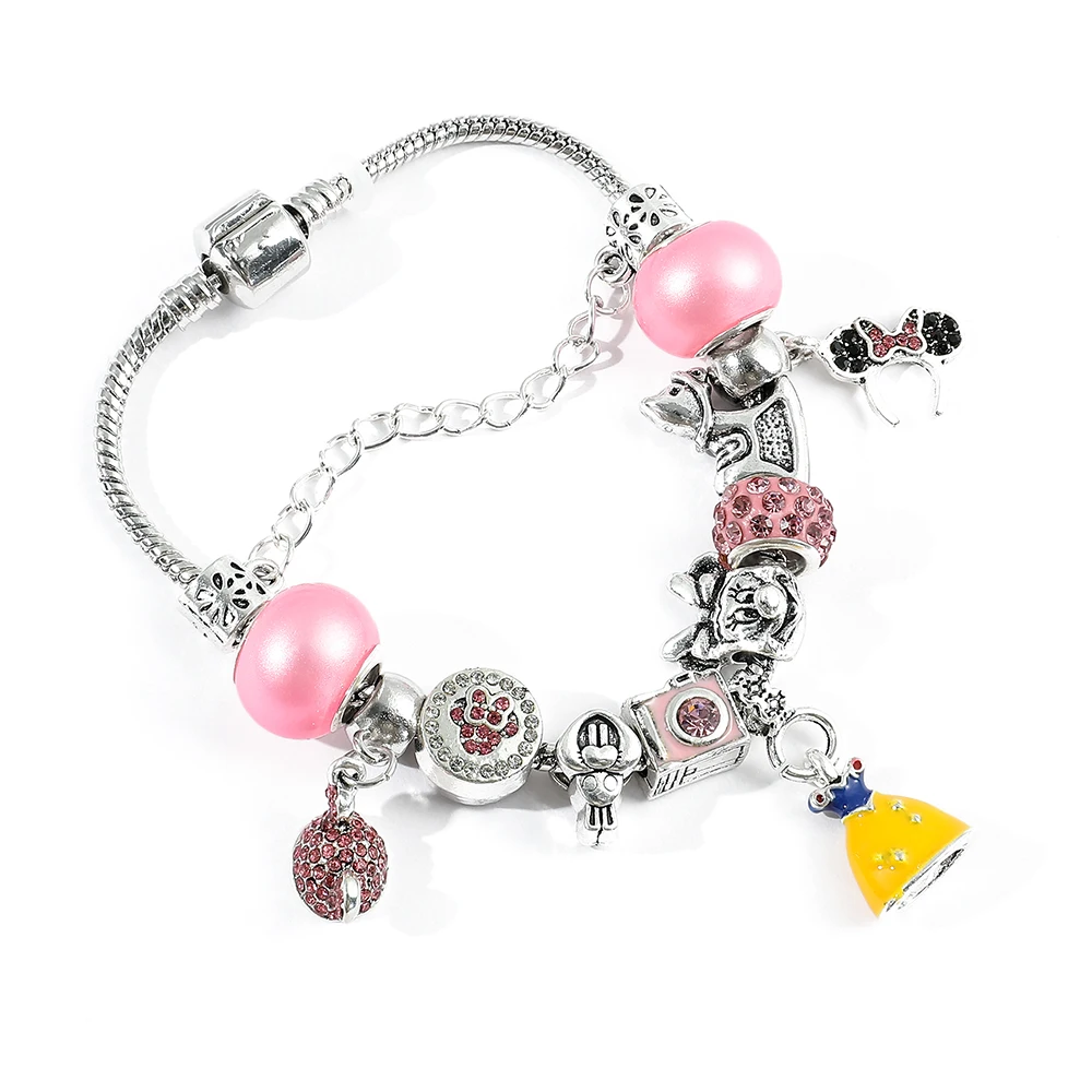 Disney Enamel Princess Dress Pendant Bracelet Pink Crystal Minnie Mickey Bead Bracelets Fashion DIY Jewelry For Women Xmas Gifts