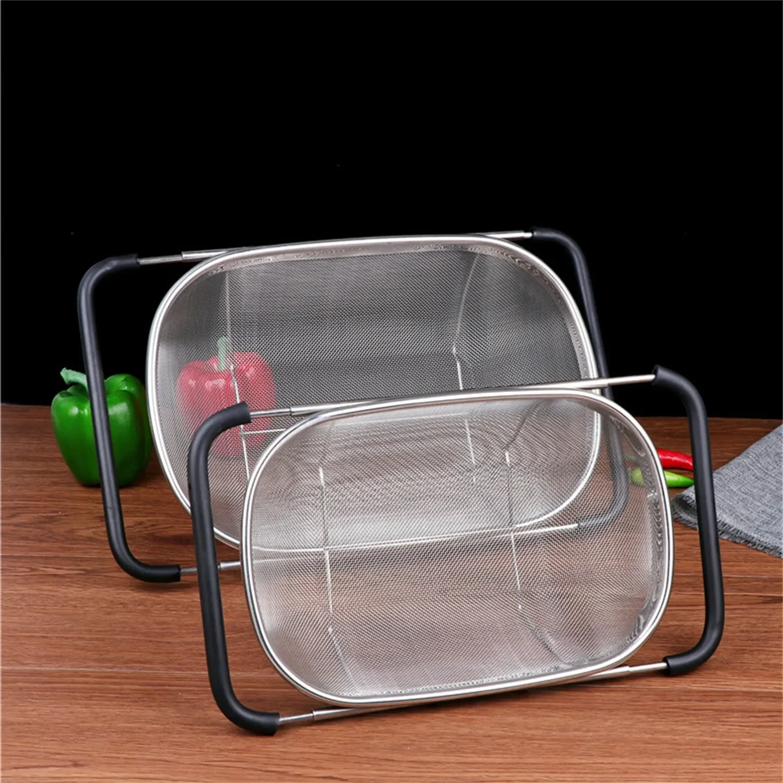 

Kitchen Supply Over The Sink Deep Well Oval Stainless Steel Colander Fine Mesh W/ Extendable Handle