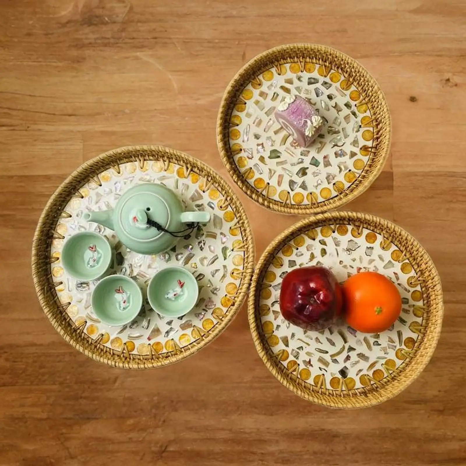 

3Pcs Rattan Tray Ornament Food Serving Tray for Tortilla Coffee Table Snack