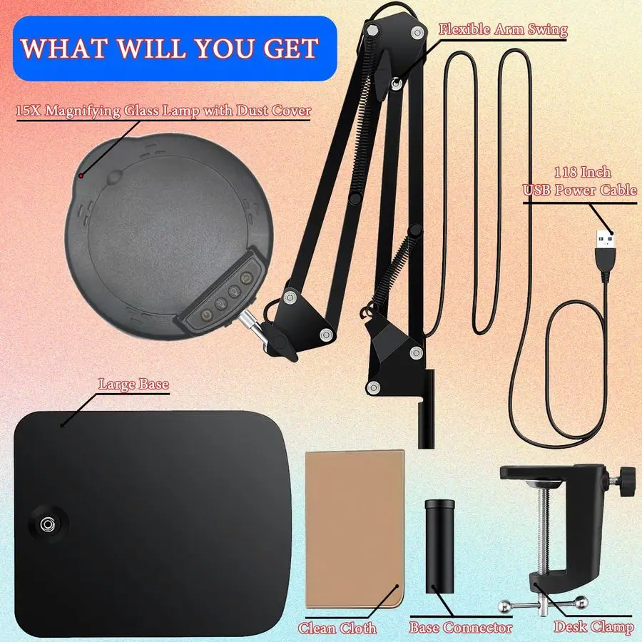 Magnifying Glass Desk Lamp with Clamp and Base, Real Glass Lens, 84 LEDs, 5 Color Modes Dimmable, Led Lamp Magnifier with Dust